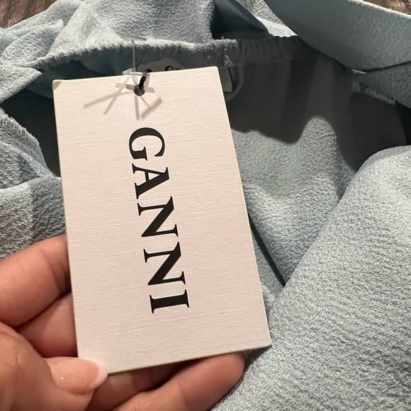 Ganni Women's Cold Shoulder Bow Dress Midi Clark Sterling Blue Size 36 - Picture 11 of 13